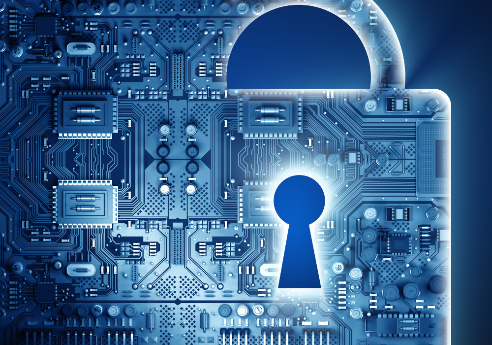 Digital padlock with keyhole overlaid on blue circuit board representing data security and cybersecurity technology